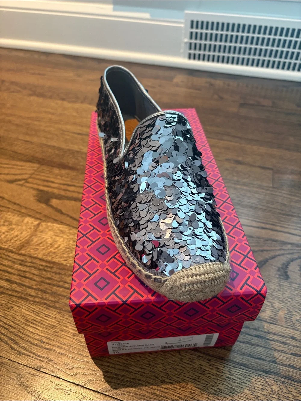 Tory Burch Mischa flat espadrille silver oval sequins